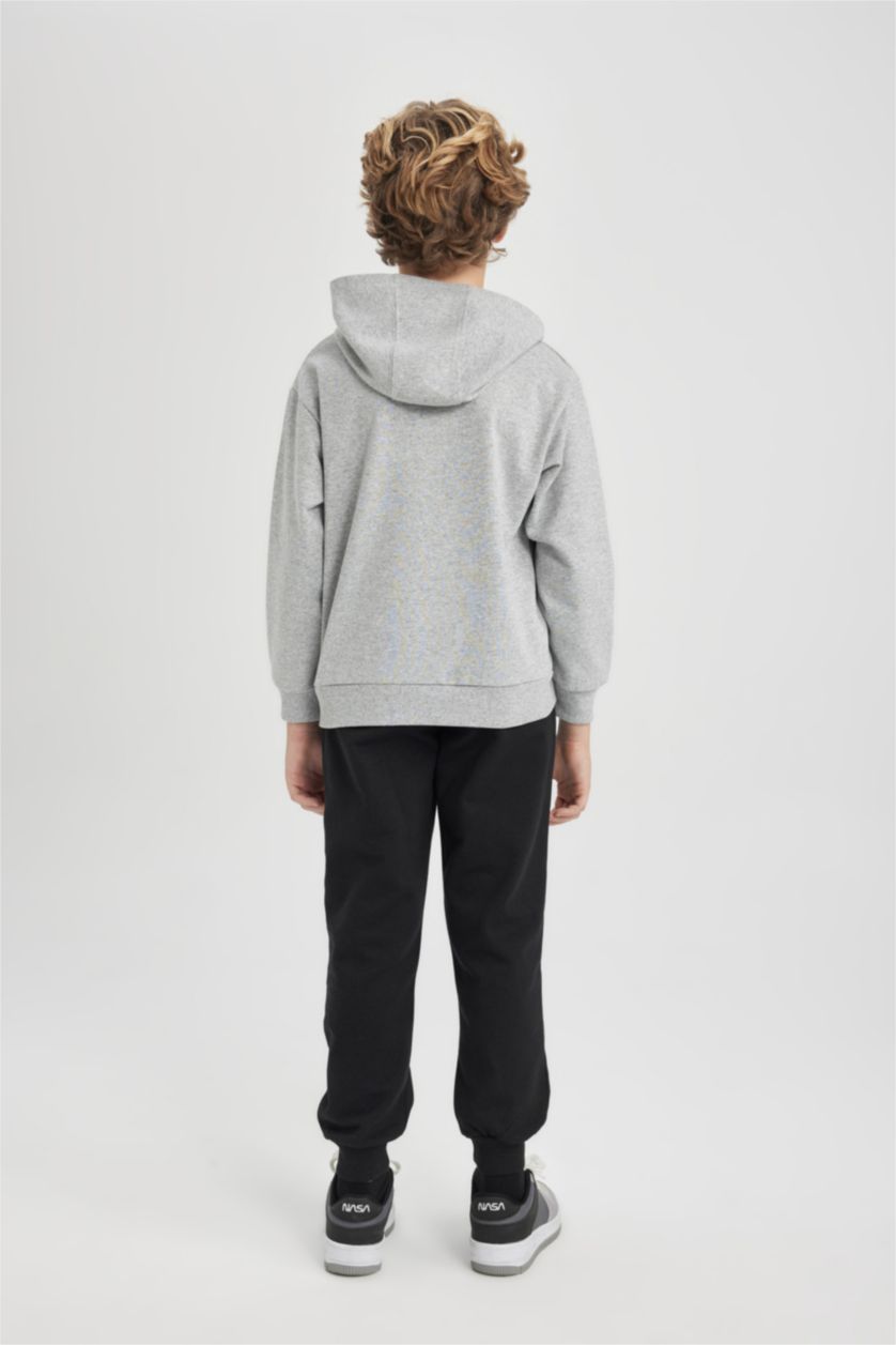 Young Boys - Teen Boys Grey Melange Boy Hooded Printed Sweatshirt Sweatpants 2 Piece Set