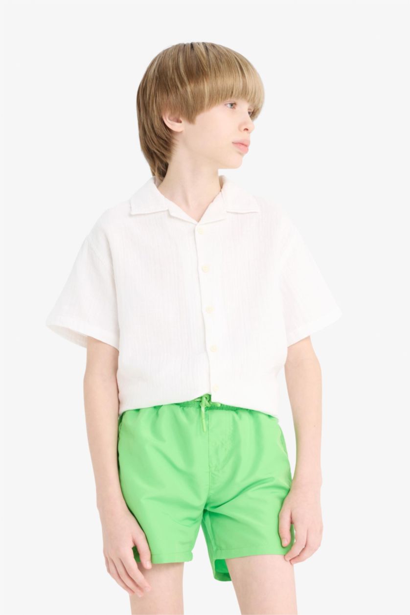 Erkek Çocuk - Genç Erkek Yeşil Basic Düz Deniz Şortu Erkek Çocuk