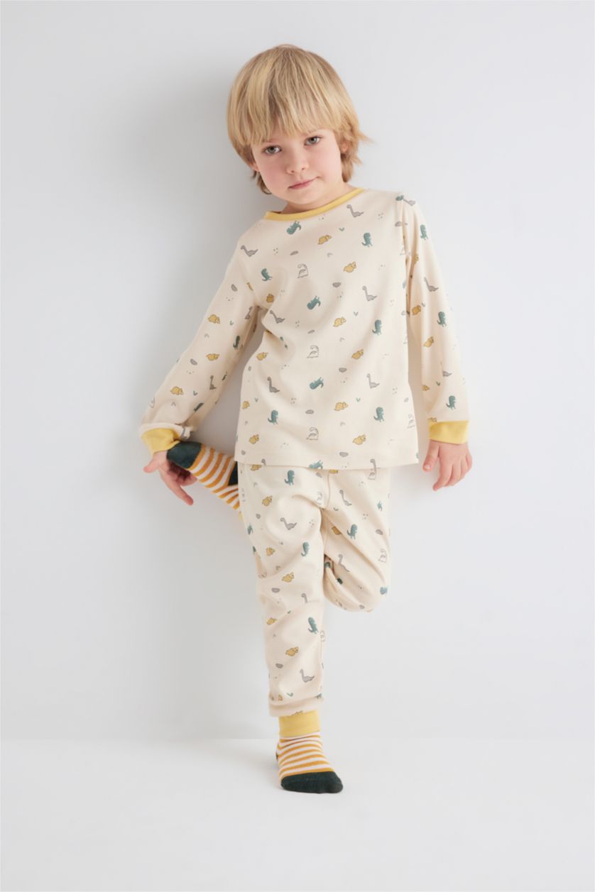 طفل صغير اللون الرملي سيت بيجاما ولادي محبوك بطبعة ديناصور - قطعتين