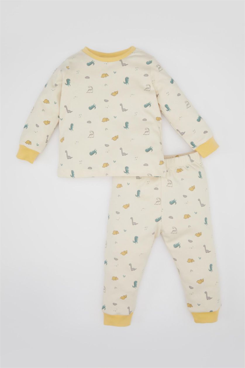 طفل صغير اللون الرملي سيت بيجاما ولادي محبوك بطبعة ديناصور - قطعتين