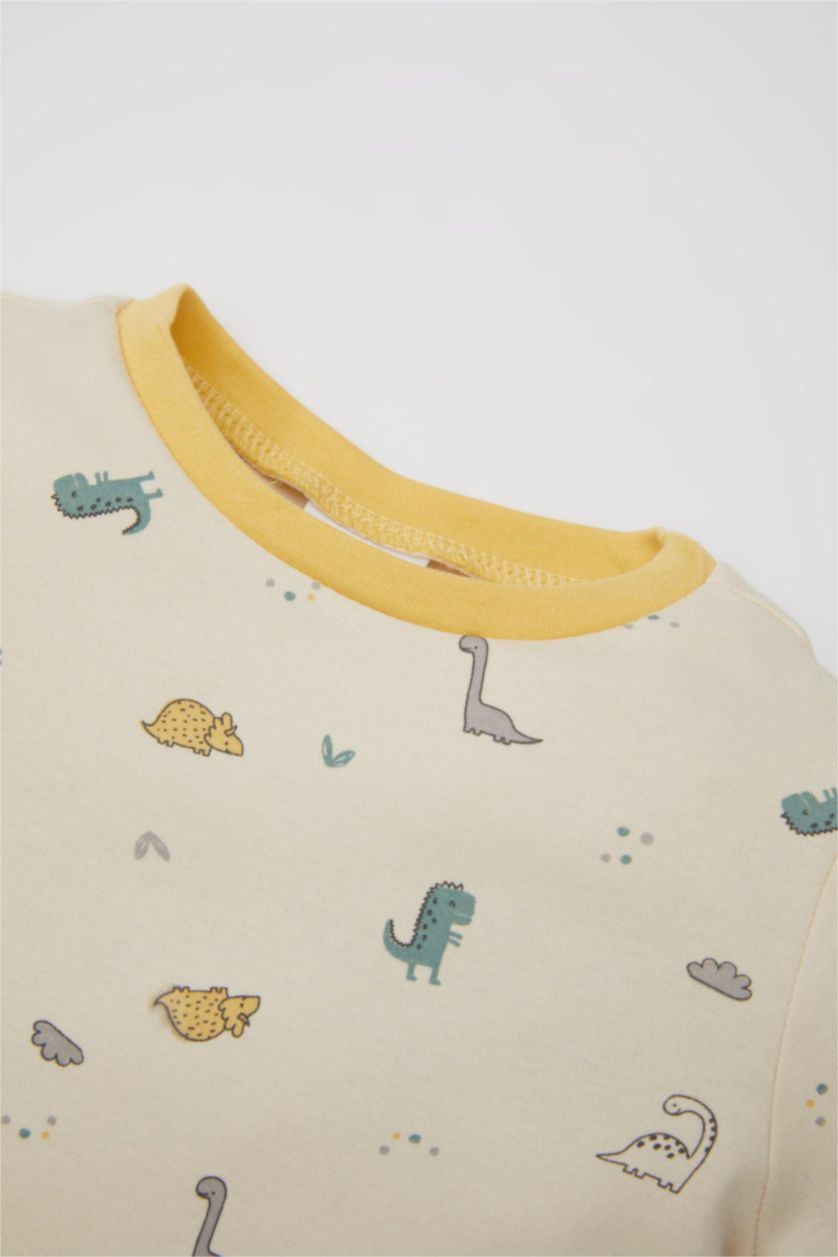 طفل صغير اللون الرملي سيت بيجاما ولادي محبوك بطبعة ديناصور - قطعتين