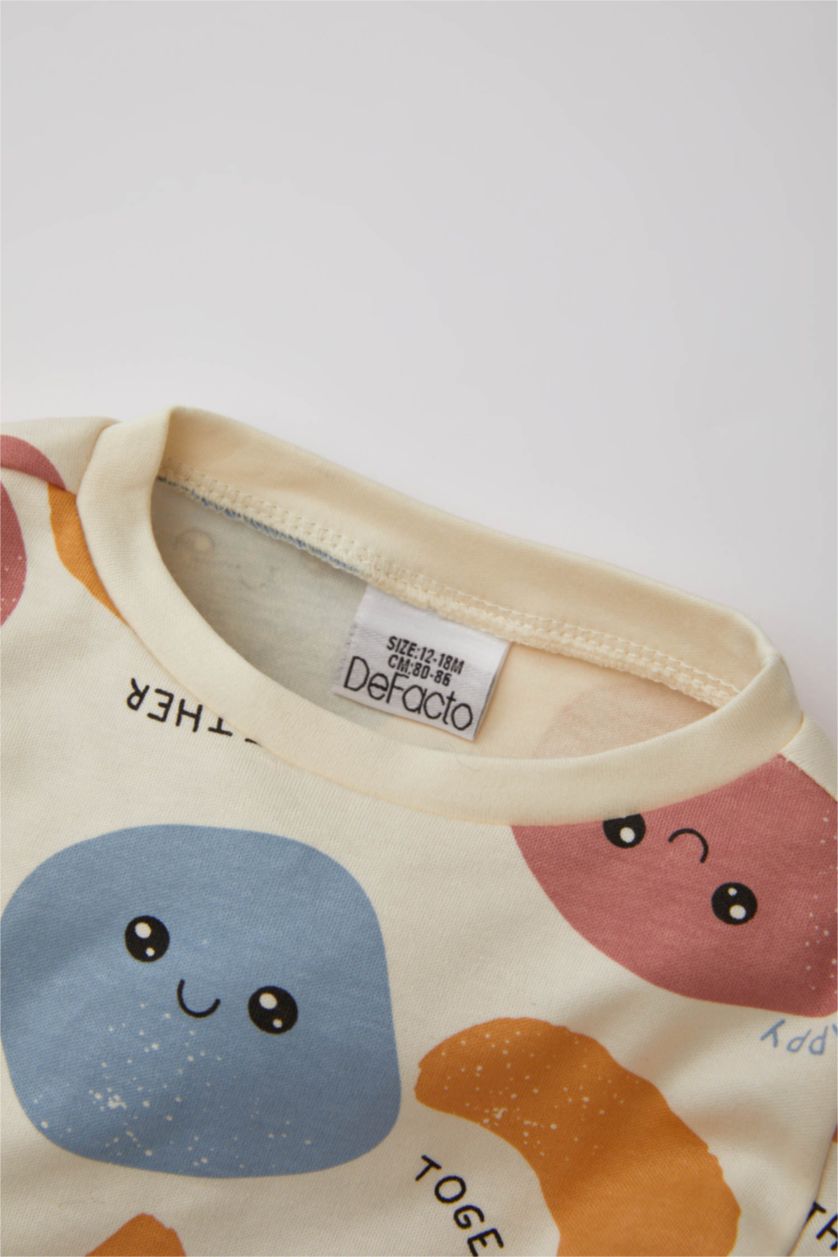 طفل صغير بيج فاتح سيت بيجاما ولادي مطبوع محبوك - قطعتين