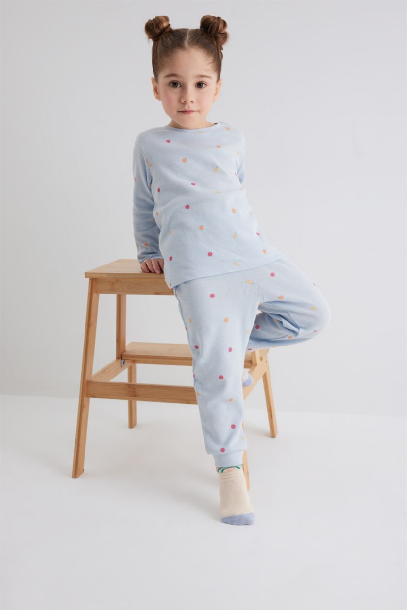 Kız Bebek Açık Mavi Kız Bebek Pijama Takım Meyve Desenli Uzun Kollu Waffle Üst Beli Lastikli Uzun Alt