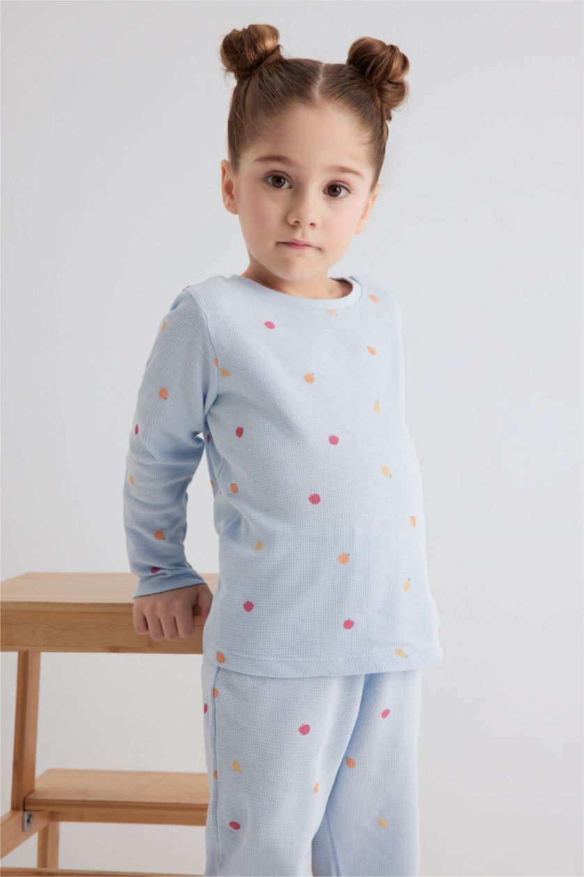 Kız Bebek Açık Mavi Kız Bebek Pijama Takım Meyve Desenli Uzun Kollu Waffle Üst Beli Lastikli Uzun Alt