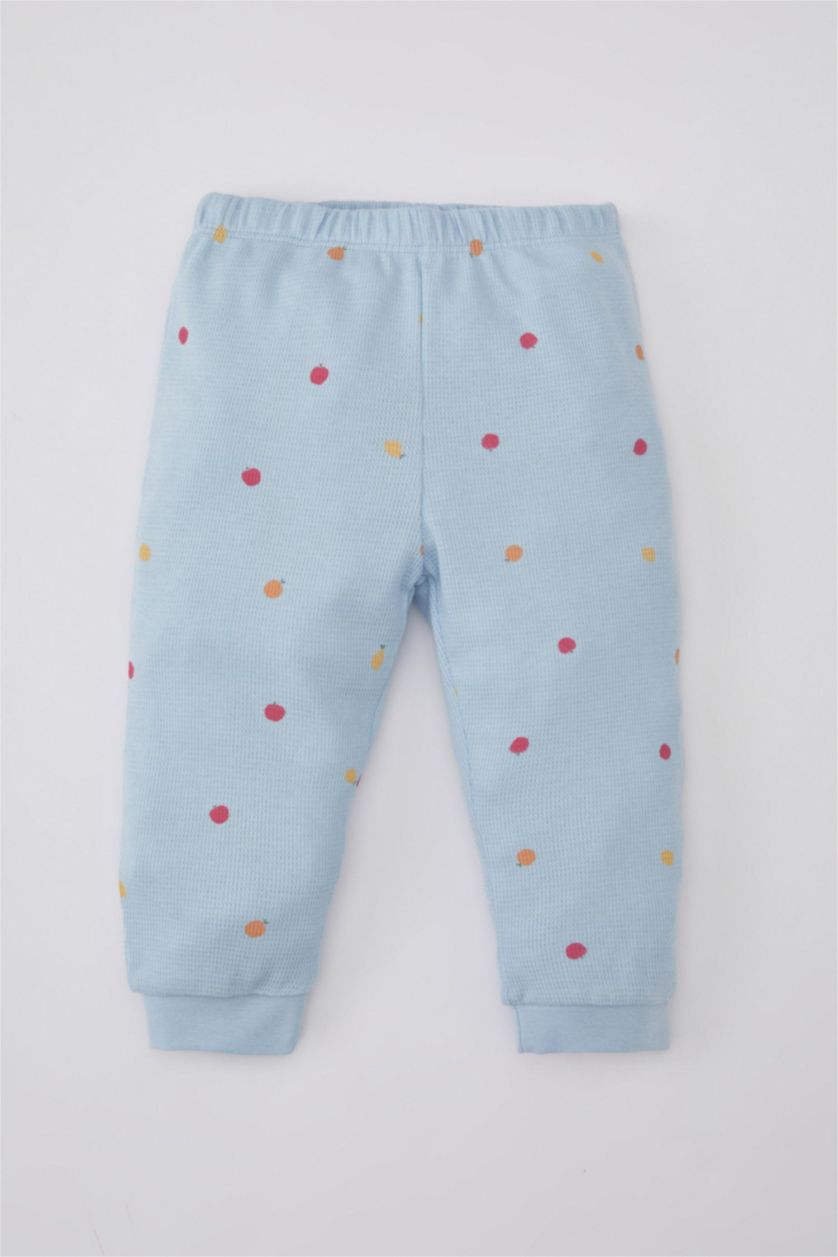 Kız Bebek Açık Mavi Kız Bebek Pijama Takım Meyve Desenli Uzun Kollu Waffle Üst Beli Lastikli Uzun Alt