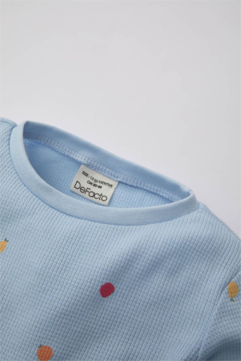 Kız Bebek Açık Mavi Kız Bebek Pijama Takım Meyve Desenli Uzun Kollu Waffle Üst Beli Lastikli Uzun Alt
