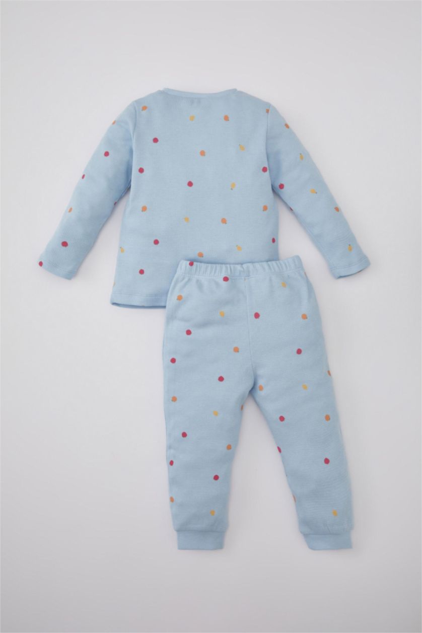 Kız Bebek Açık Mavi Kız Bebek Pijama Takım Meyve Desenli Uzun Kollu Waffle Üst Beli Lastikli Uzun Alt