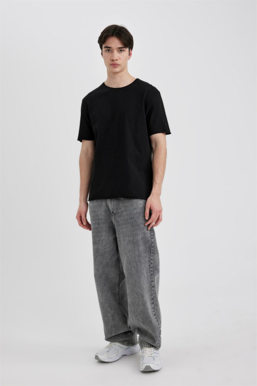 رجال أسود تيشيرت سادة نص ردن قصة عادية بياخة مستديرة