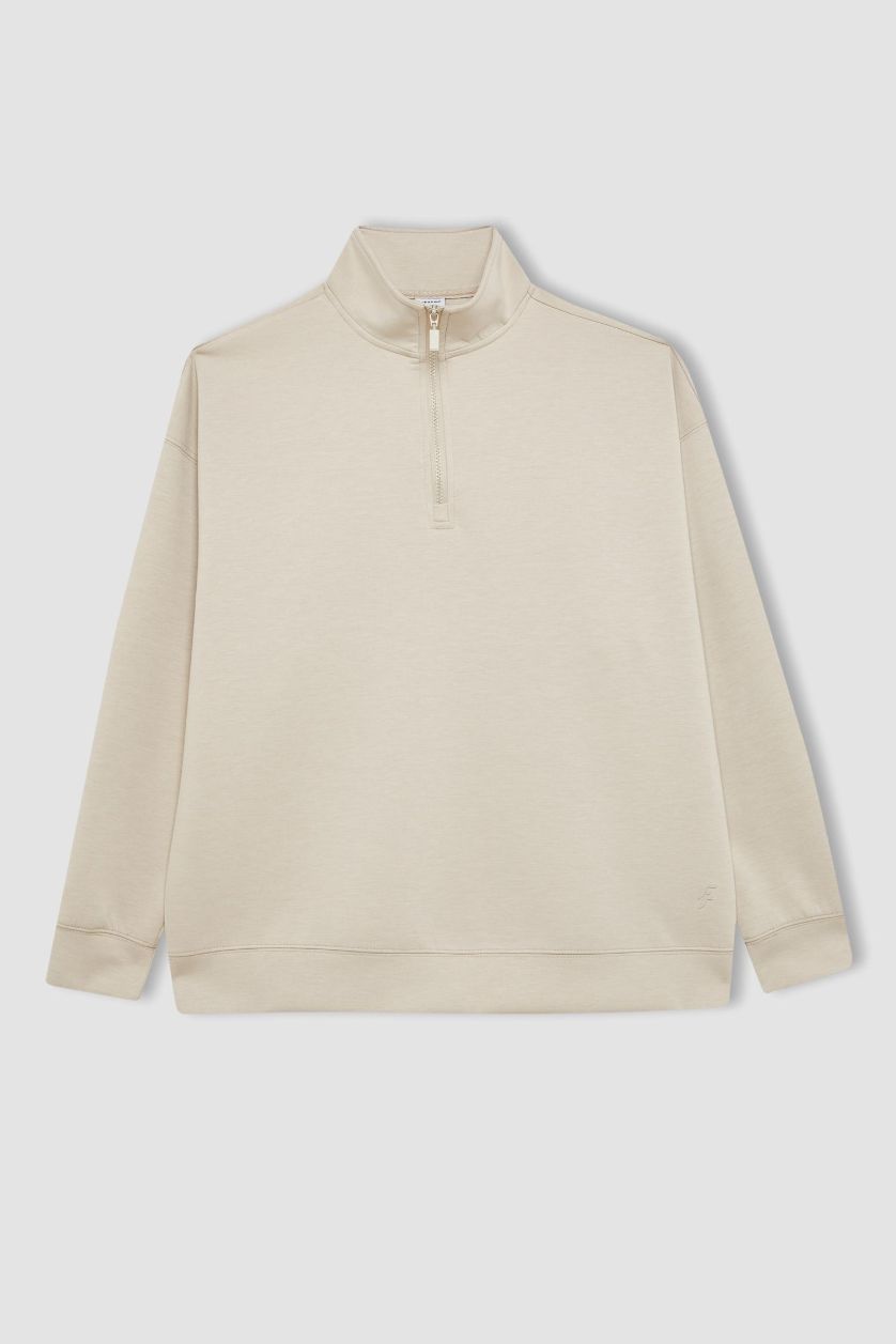 نساء اللون الرملي سويت شيرت رياضي اوفر سايز بياخة عالية بنصف سحاب من DeFactoFit