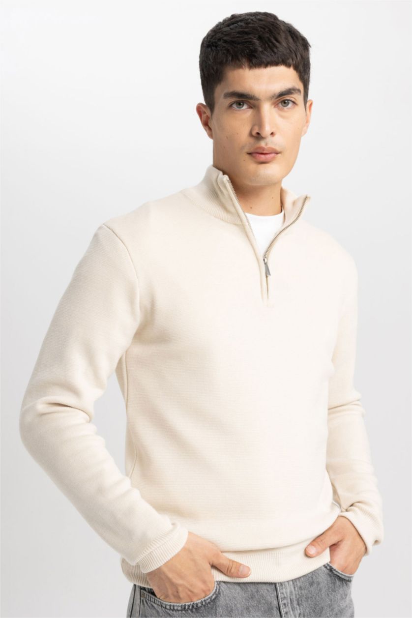HOMME Beige Pull en tricot à Col Roulé zippé