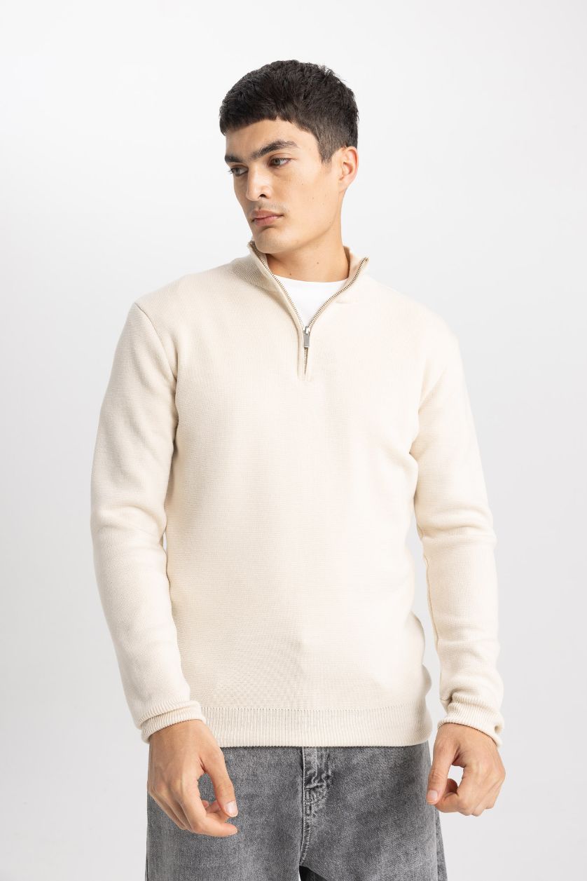 HOMME Beige Pull en tricot à Col Roulé zippé