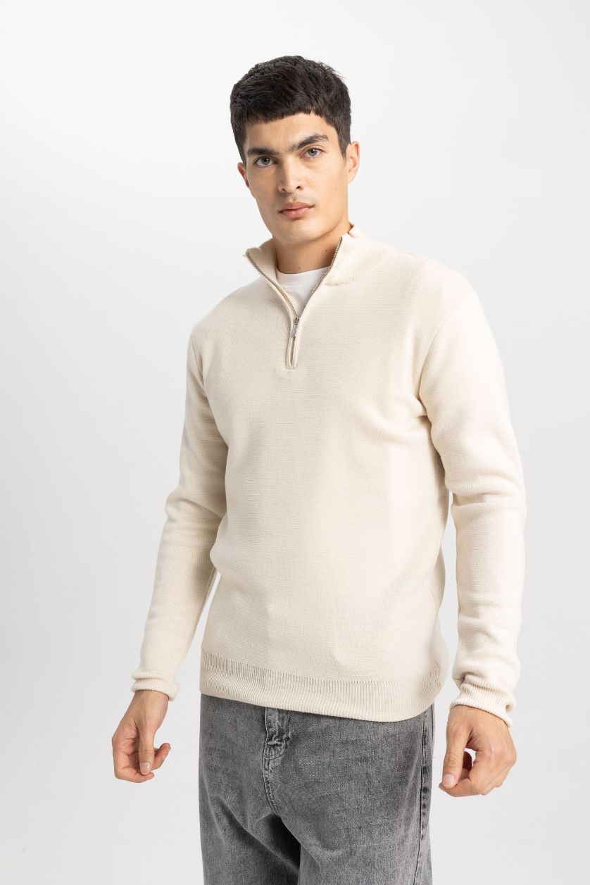 HOMME Beige Pull en tricot à Col Roulé zippé