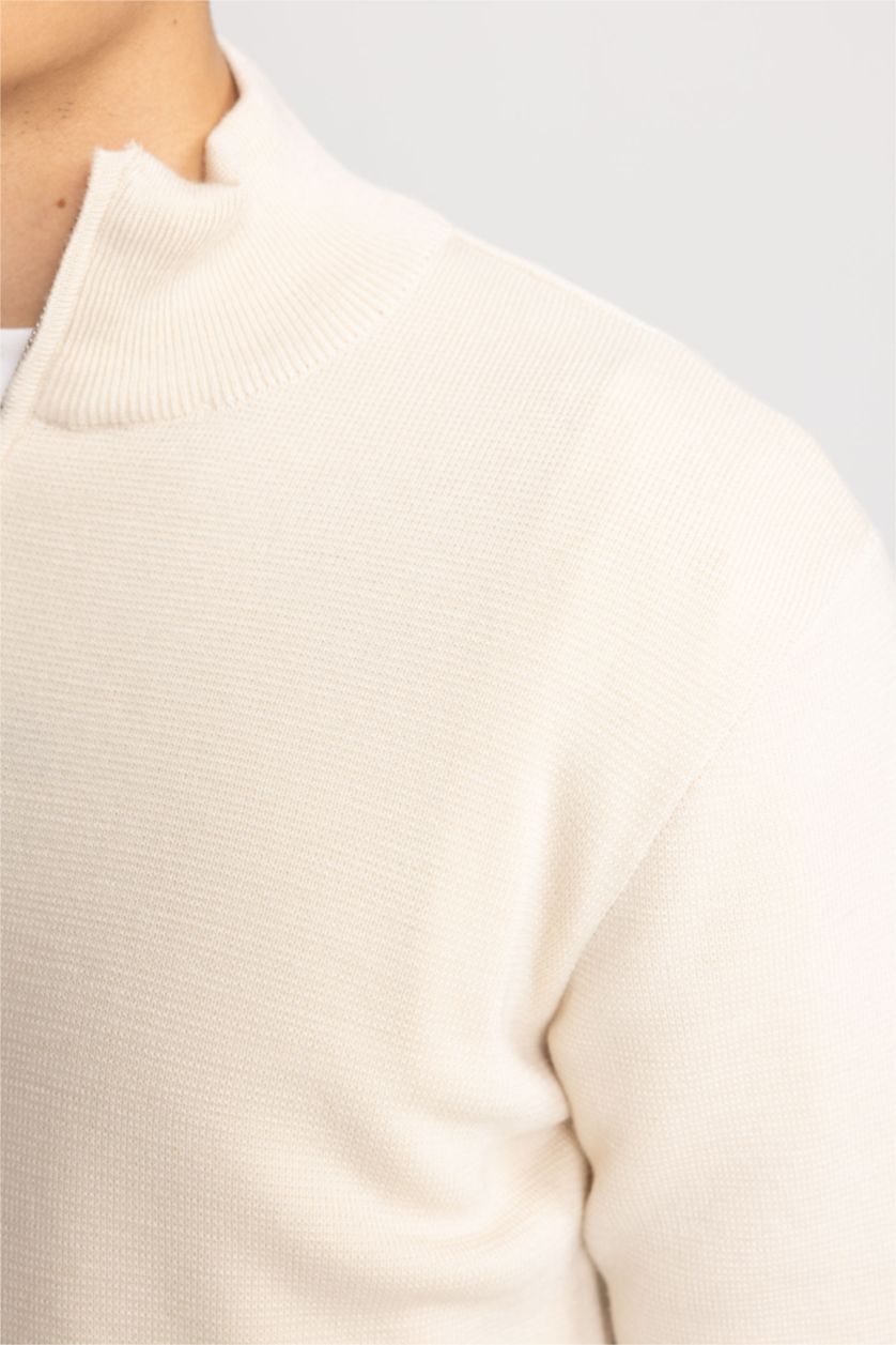HOMME Beige Pull en tricot à Col Roulé zippé