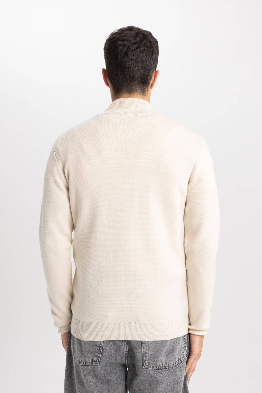 HOMME Beige Pull en tricot à Col Roulé zippé