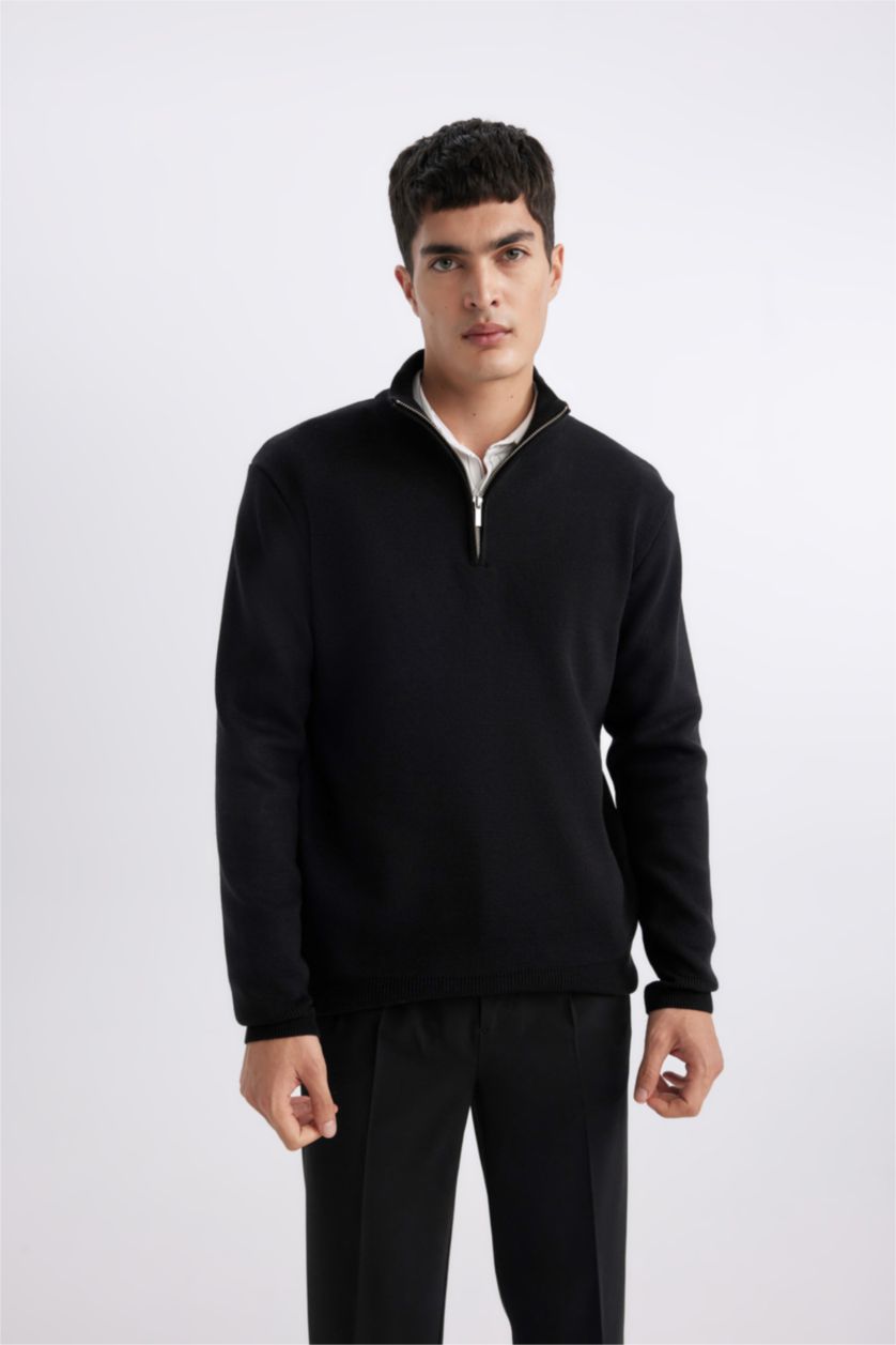 HOMME Noir Pull en Tricot à demi-Col Roulé Zippé