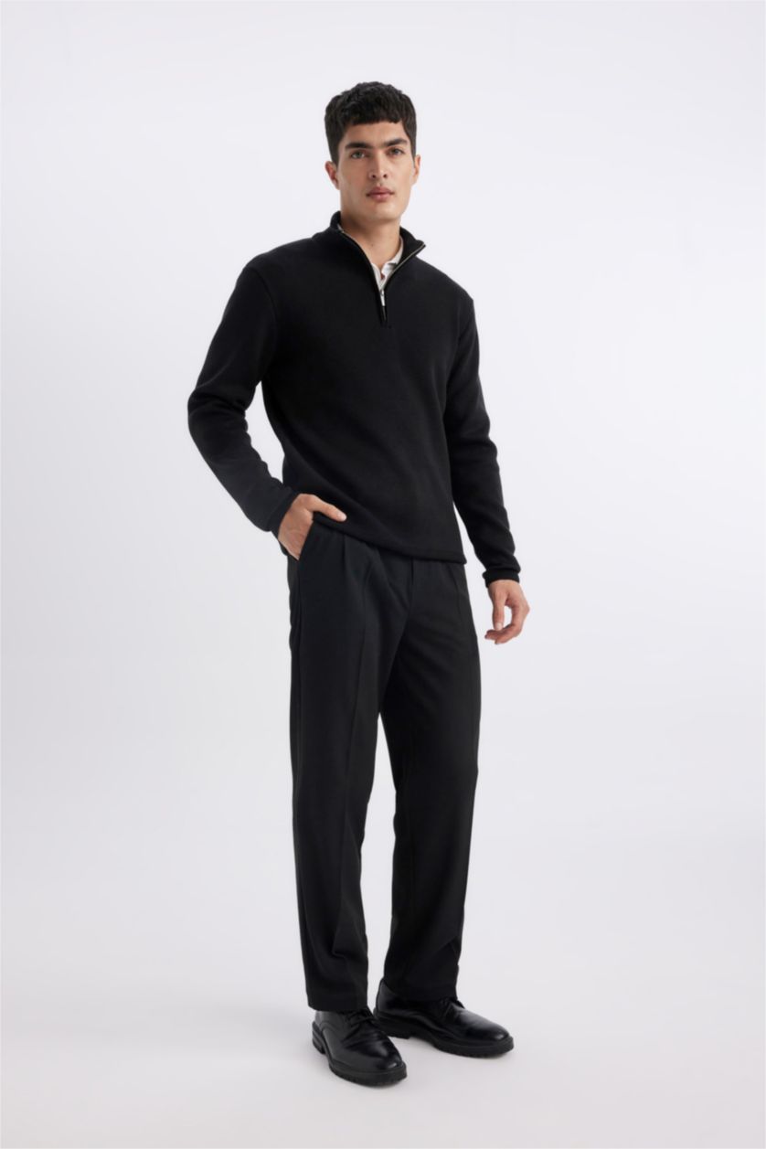 HOMME Noir Pull en Tricot à demi-Col Roulé Zippé