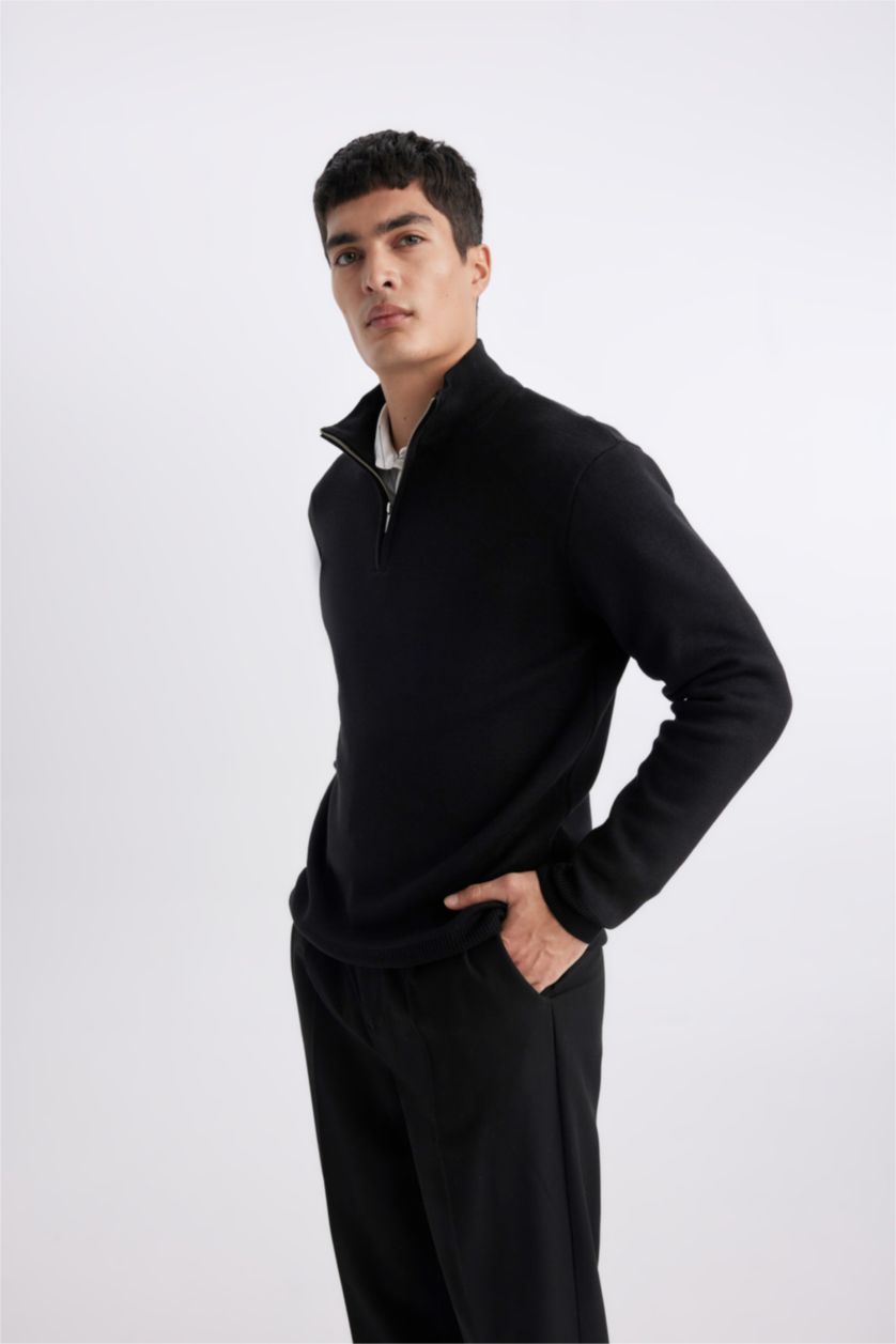 HOMME Noir Pull en Tricot à demi-Col Roulé Zippé