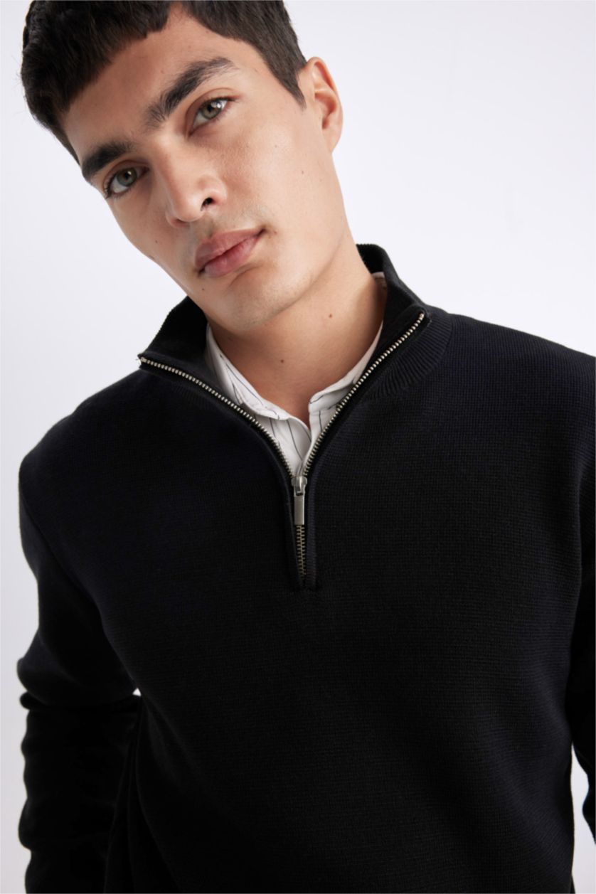 HOMME Noir Pull en Tricot à demi-Col Roulé Zippé