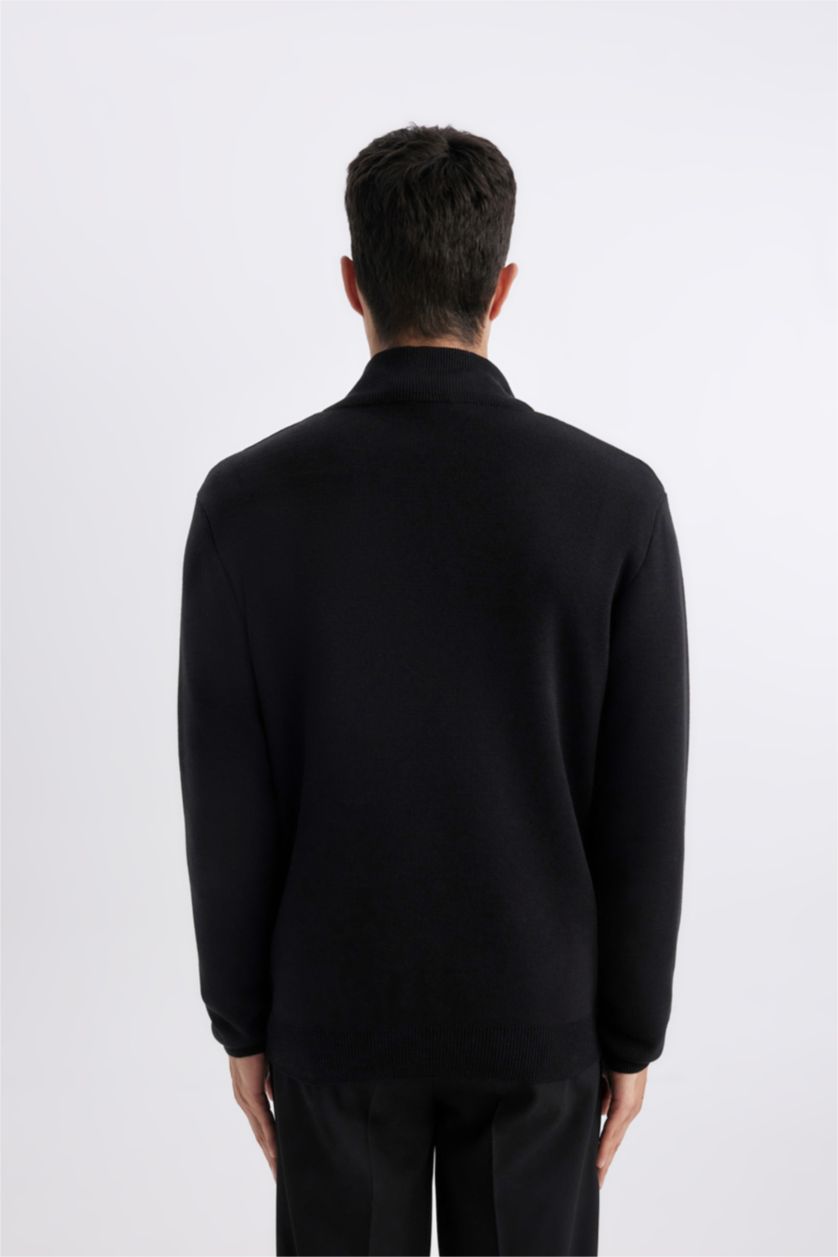 HOMME Noir Pull en Tricot à demi-Col Roulé Zippé