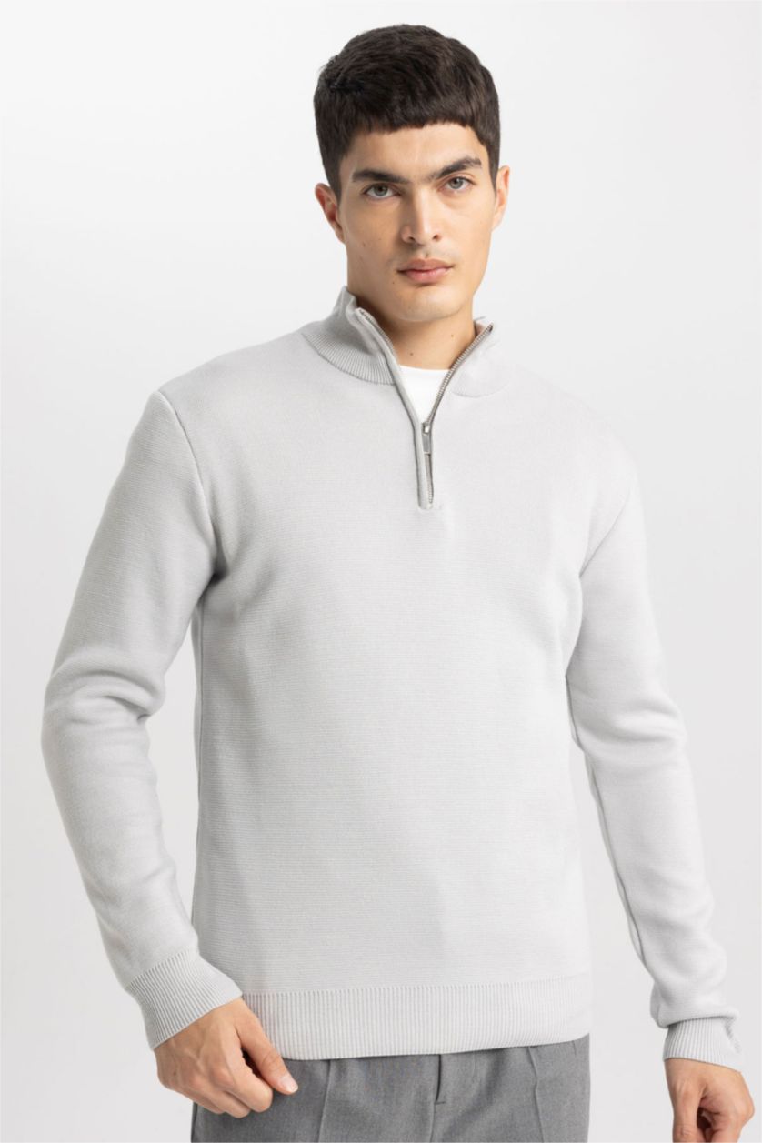 HOMME Gris Clair Pull en Tricot à demi-Col Roulé Zippé