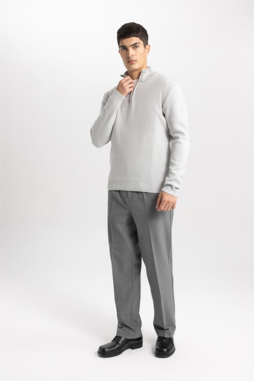 HOMME Gris Clair Pull en Tricot à demi-Col Roulé Zippé