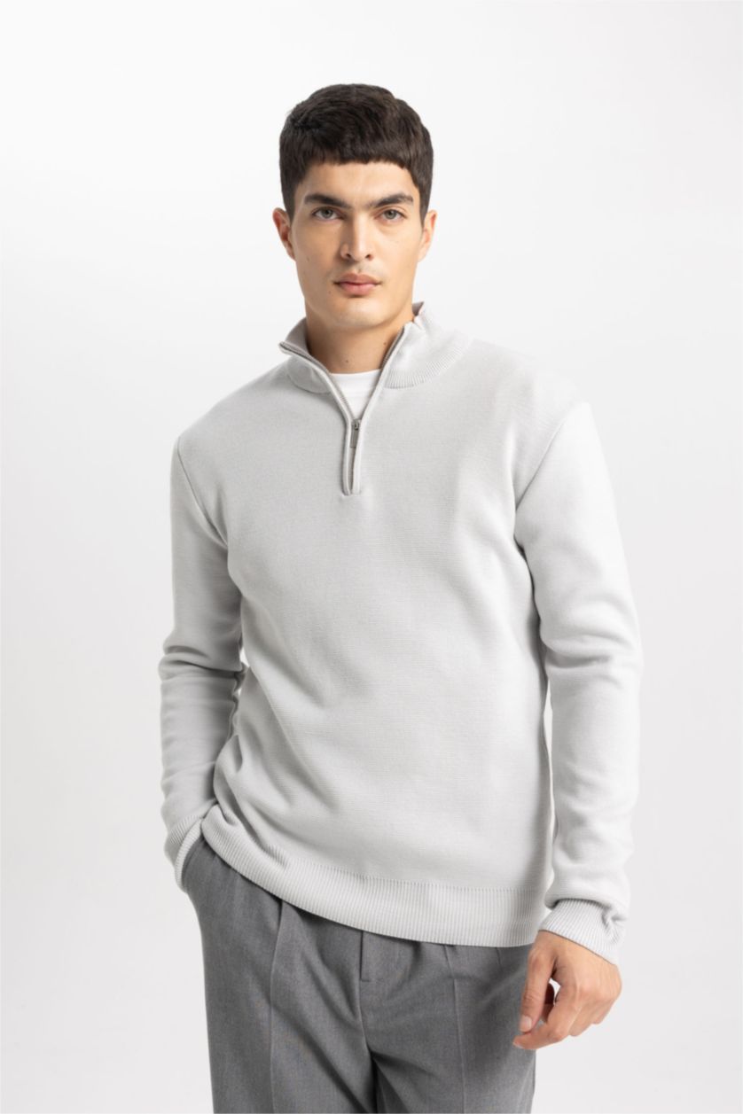 HOMME Gris Clair Pull en Tricot à demi-Col Roulé Zippé