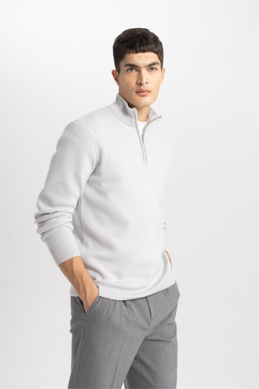HOMME Gris Clair Pull en Tricot à demi-Col Roulé Zippé