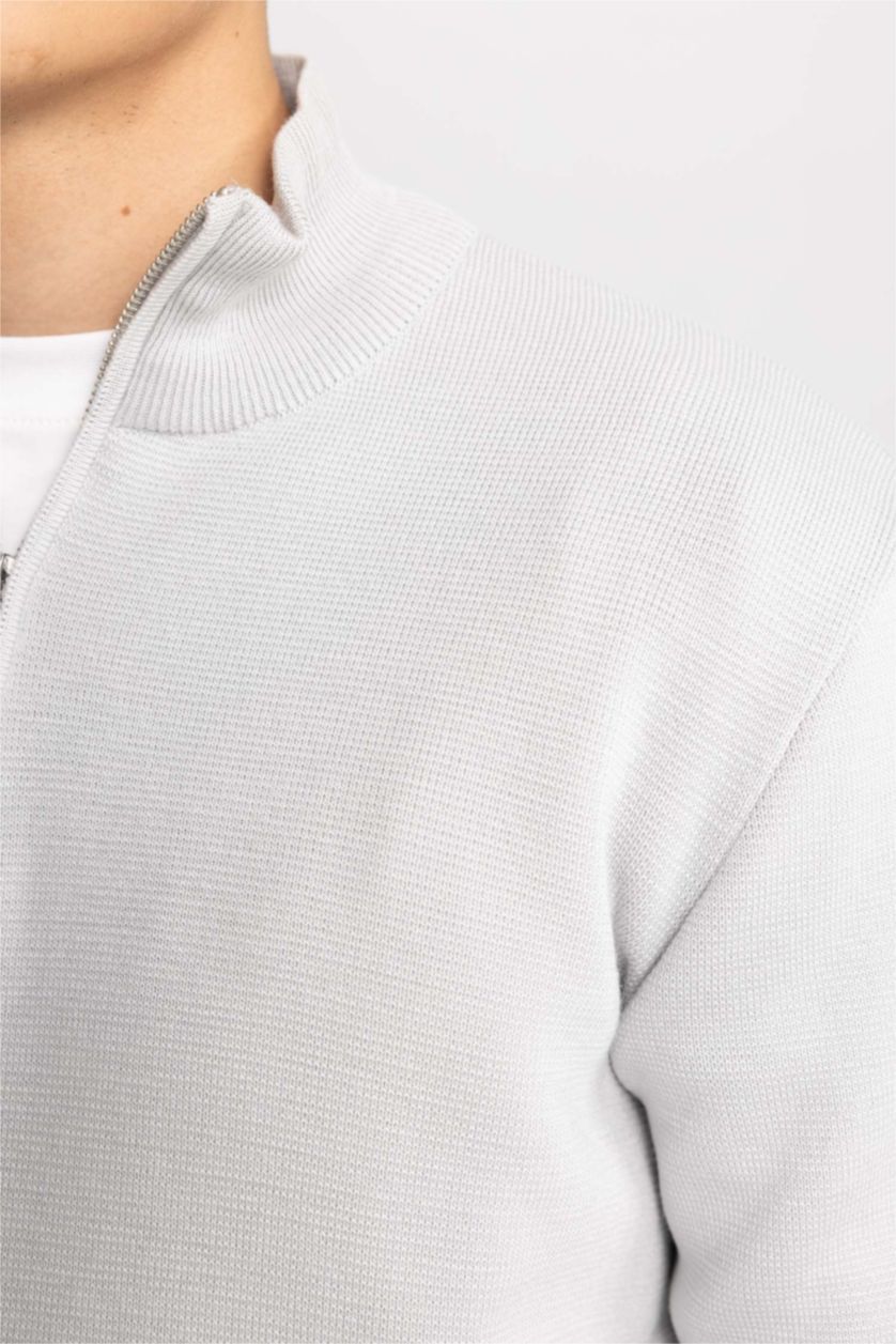 HOMME Gris Clair Pull en Tricot à demi-Col Roulé Zippé
