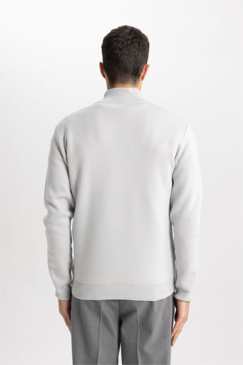 HOMME Gris Clair Pull en Tricot à demi-Col Roulé Zippé