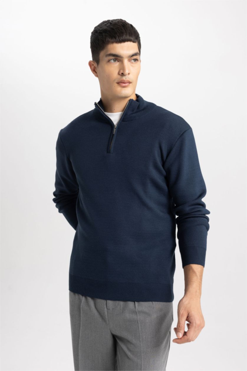 MAN NAVY Standard Fit Zip-Up Turtle Neck Knitwear Pullover