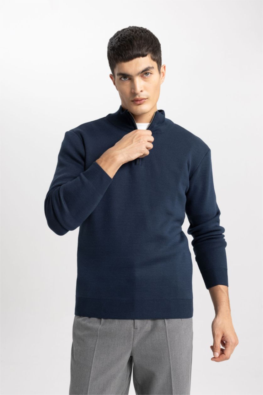 MAN NAVY Standard Fit Zip-Up Turtle Neck Knitwear Pullover