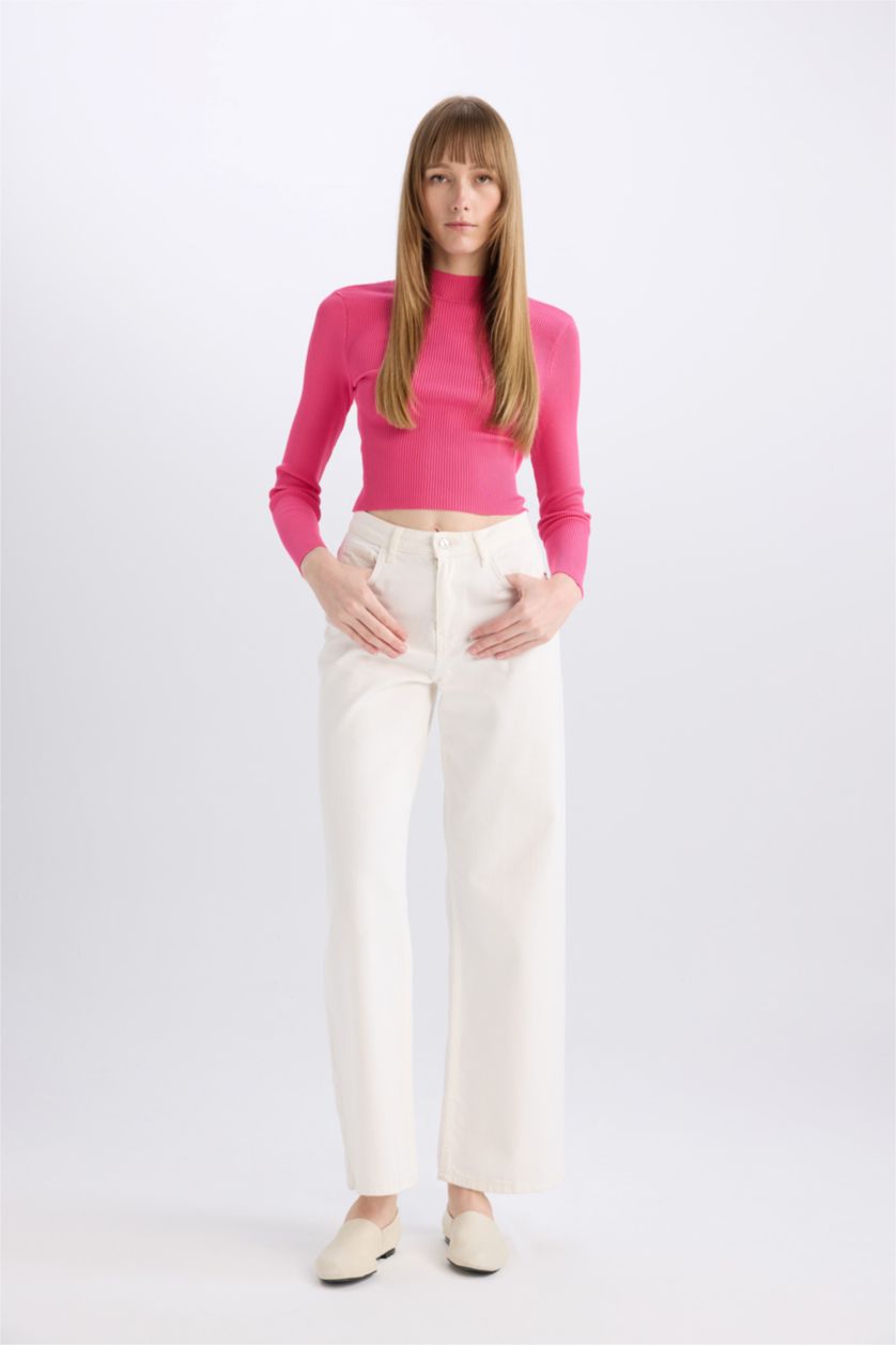 Женщины Фуксия Приталенный свитер с воротником в рубчик