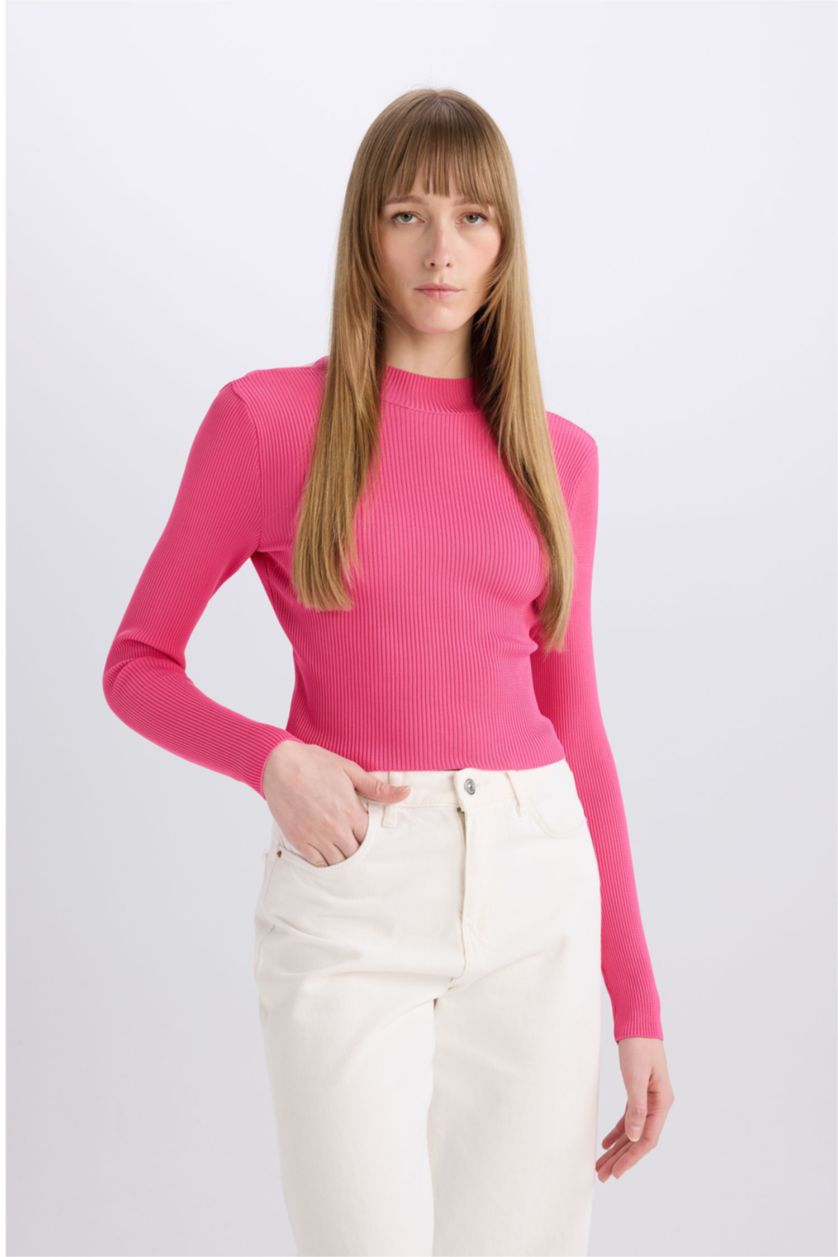 Женщины Фуксия Приталенный свитер с воротником в рубчик