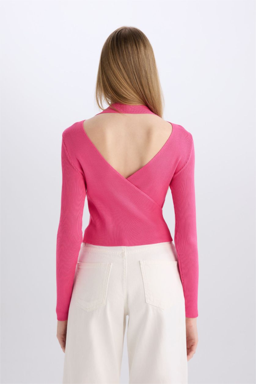 Женщины Фуксия Приталенный свитер с воротником в рубчик