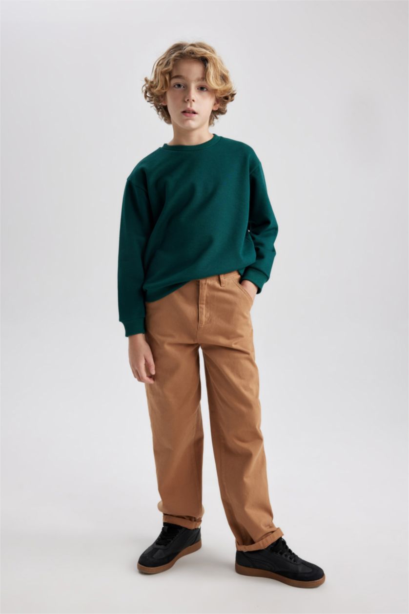 Erkek Çocuk - Genç Erkek Koyu Yeşil Bisiklet Yaka Basic Düz Sweatshirt Erkek Çocuk