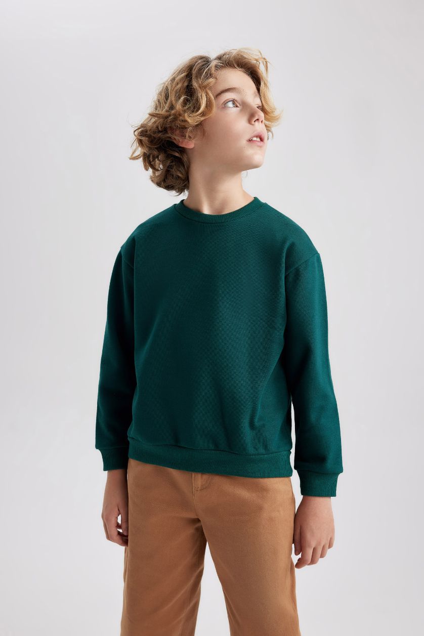 Erkek Çocuk - Genç Erkek Koyu Yeşil Bisiklet Yaka Basic Düz Sweatshirt Erkek Çocuk