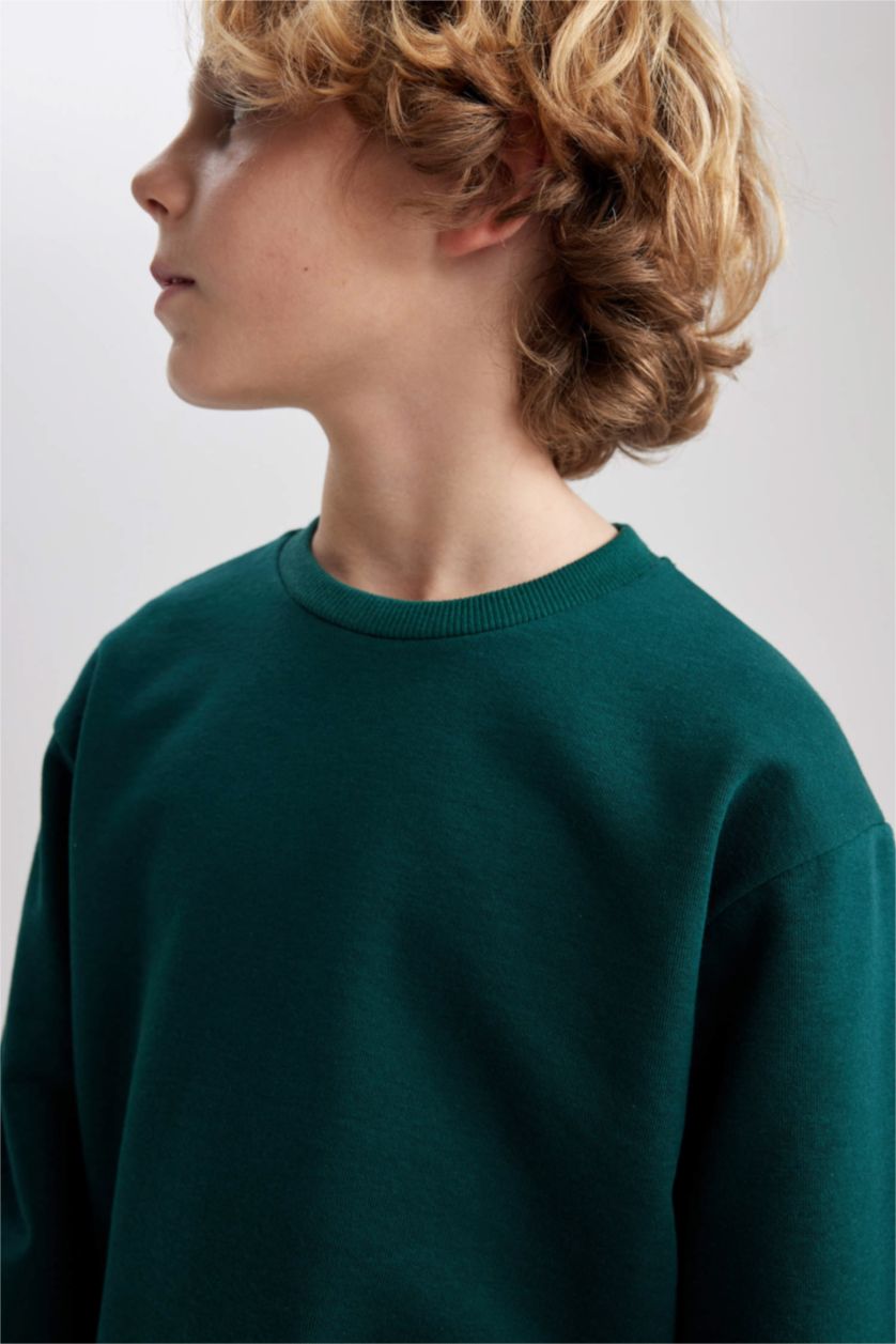 Erkek Çocuk - Genç Erkek Koyu Yeşil Bisiklet Yaka Basic Düz Sweatshirt Erkek Çocuk