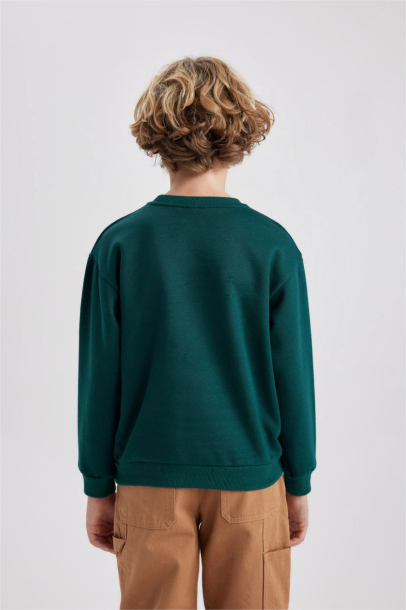 Erkek Çocuk - Genç Erkek Koyu Yeşil Bisiklet Yaka Basic Düz Sweatshirt Erkek Çocuk