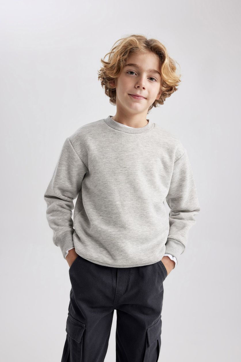 Erkek Çocuk - Genç Erkek Gri Melanj Bisiklet Yaka Basic Düz Sweatshirt Erkek Çocuk