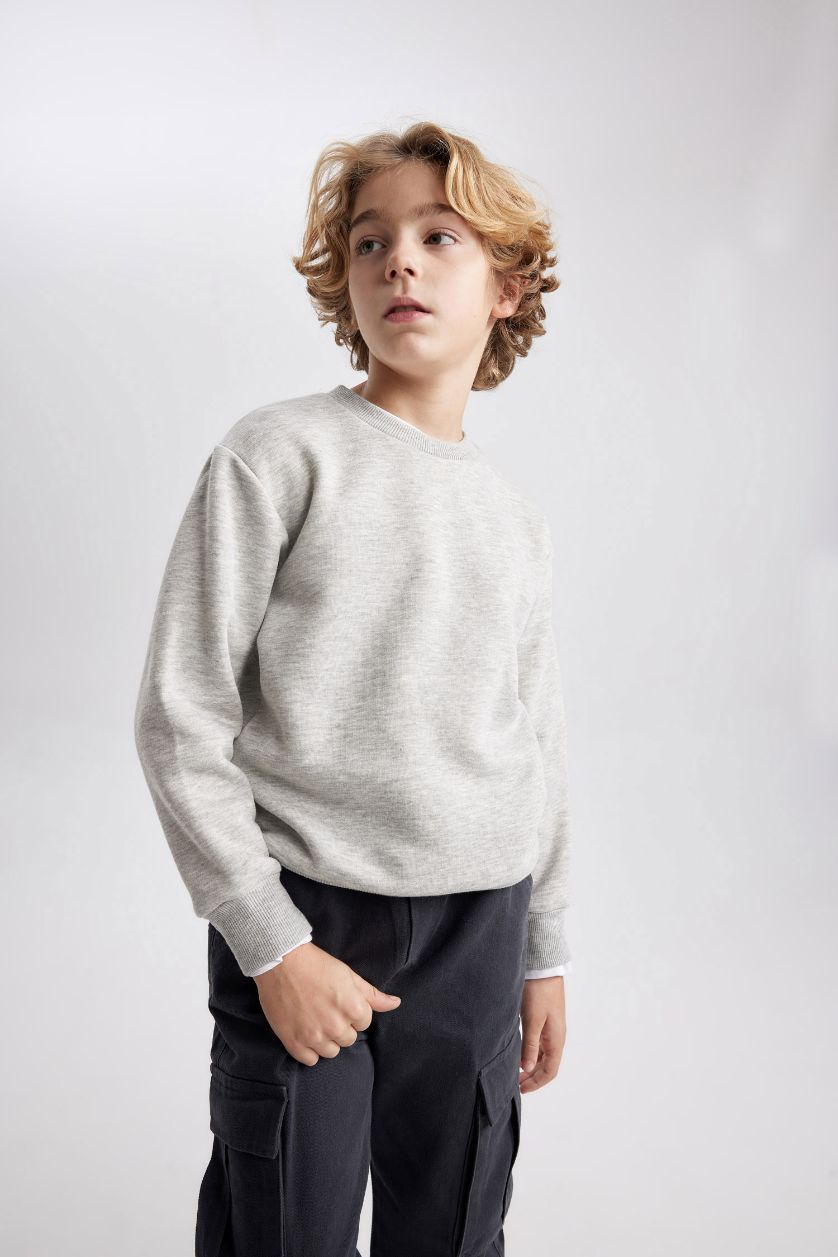 Erkek Çocuk - Genç Erkek Gri Melanj Bisiklet Yaka Basic Düz Sweatshirt Erkek Çocuk