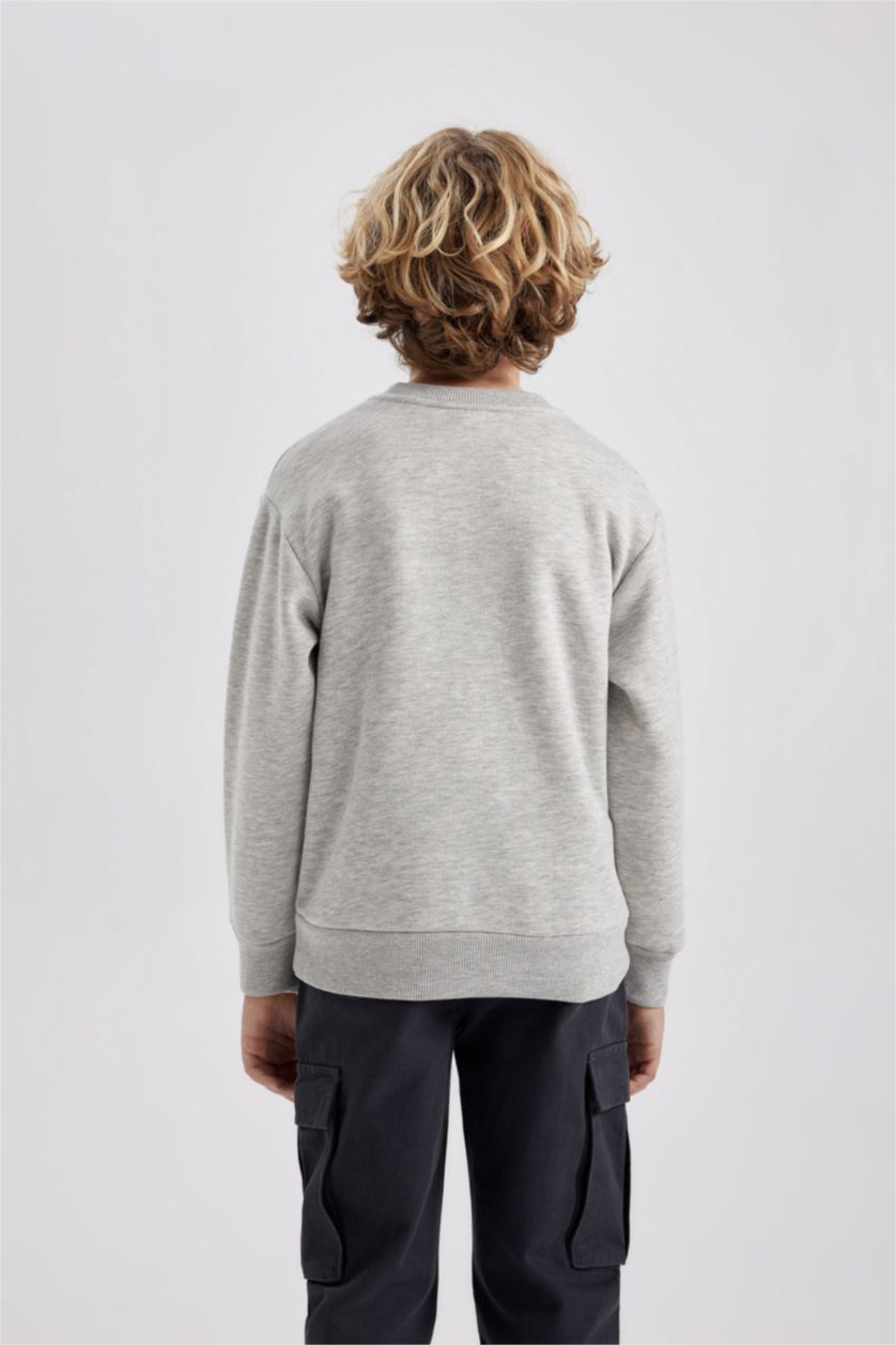 Erkek Çocuk - Genç Erkek Gri Melanj Bisiklet Yaka Basic Düz Sweatshirt Erkek Çocuk