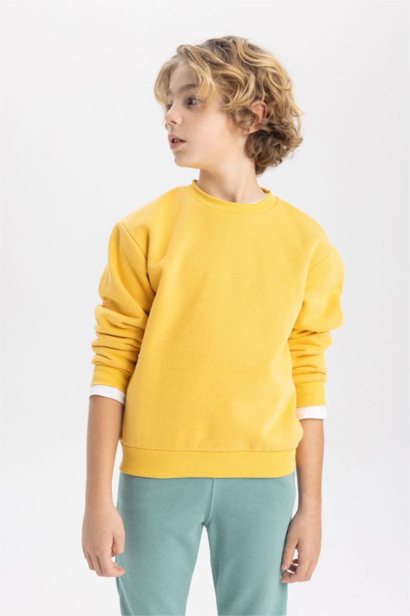 Erkek Çocuk - Genç Erkek Sarı Bisiklet Yaka Basic Düz Sweatshirt Erkek Çocuk
