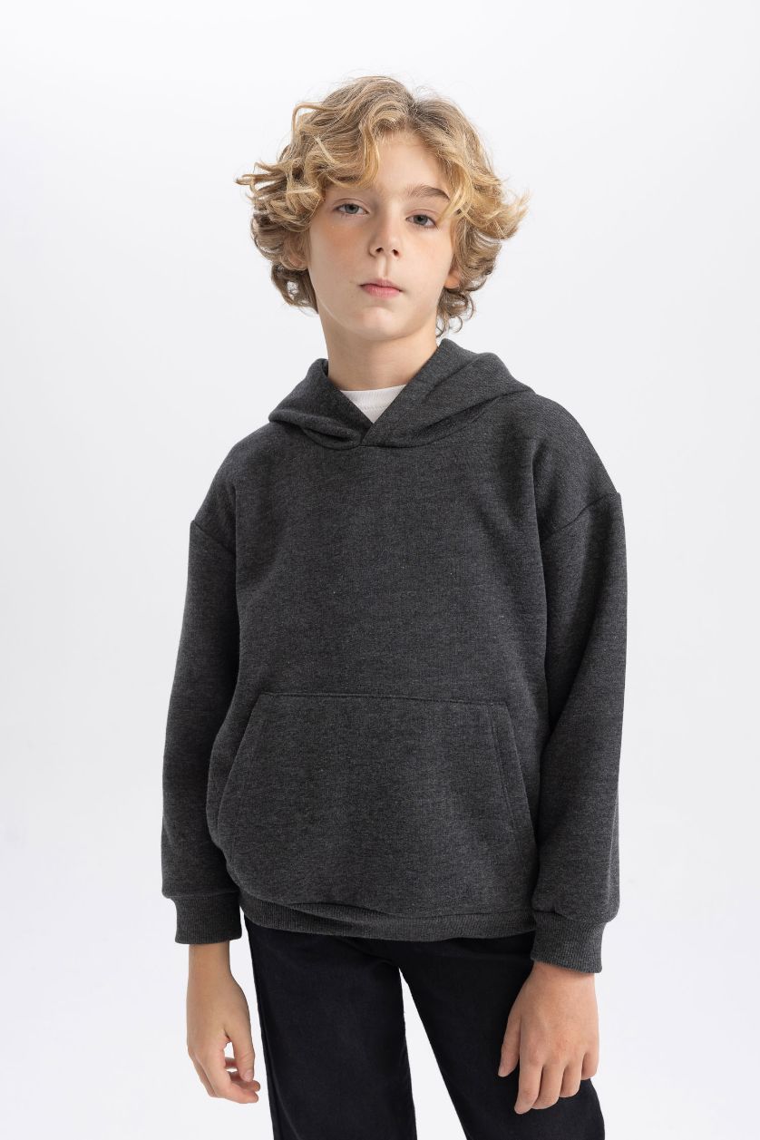 Erkek Çocuk - Genç Erkek Antrasit Melanj Basic Düz Kapüşonlu Sweatshirt Erkek Çocuk