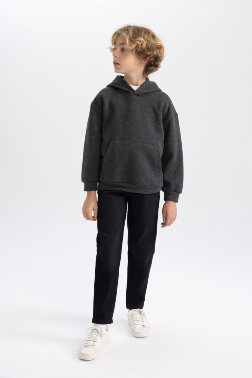 Erkek Çocuk - Genç Erkek Antrasit Melanj Basic Düz Kapüşonlu Sweatshirt Erkek Çocuk