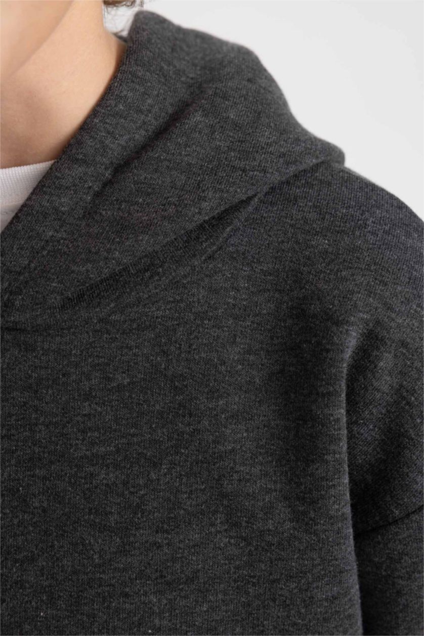 Erkek Çocuk - Genç Erkek Antrasit Melanj Basic Düz Kapüşonlu Sweatshirt Erkek Çocuk