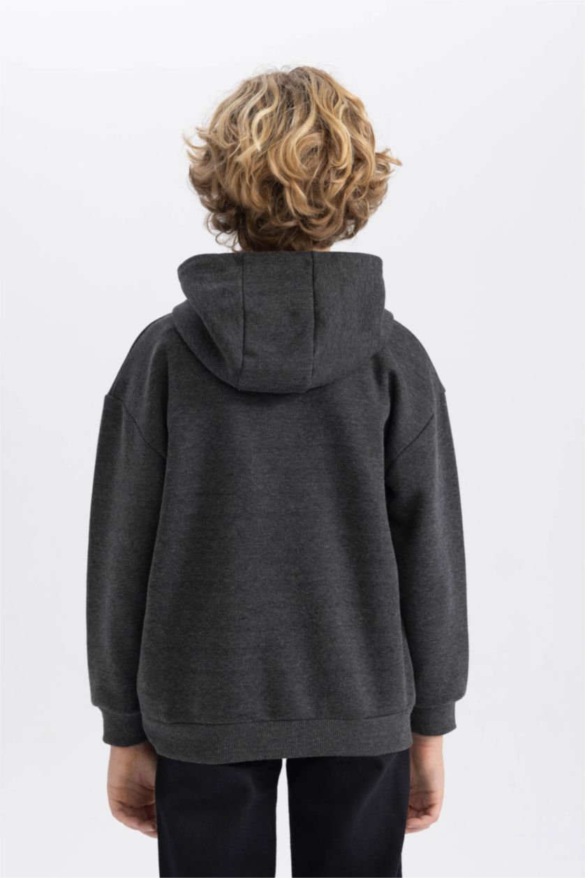 Erkek Çocuk - Genç Erkek Antrasit Melanj Basic Düz Kapüşonlu Sweatshirt Erkek Çocuk