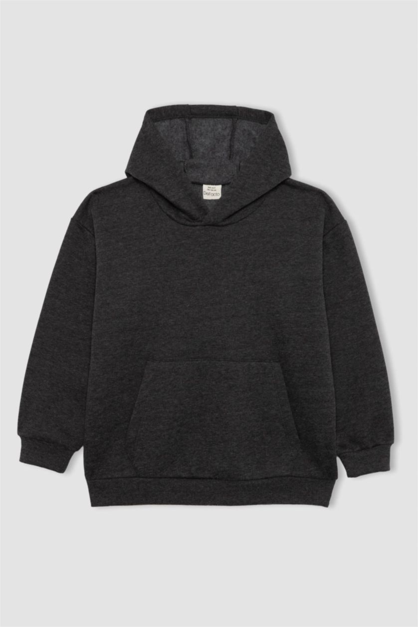 Erkek Çocuk - Genç Erkek Antrasit Melanj Basic Düz Kapüşonlu Sweatshirt Erkek Çocuk