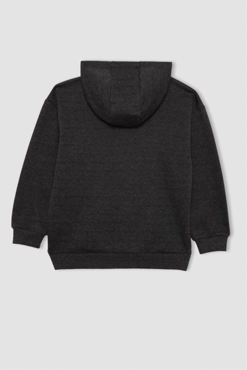 Erkek Çocuk - Genç Erkek Antrasit Melanj Basic Düz Kapüşonlu Sweatshirt Erkek Çocuk