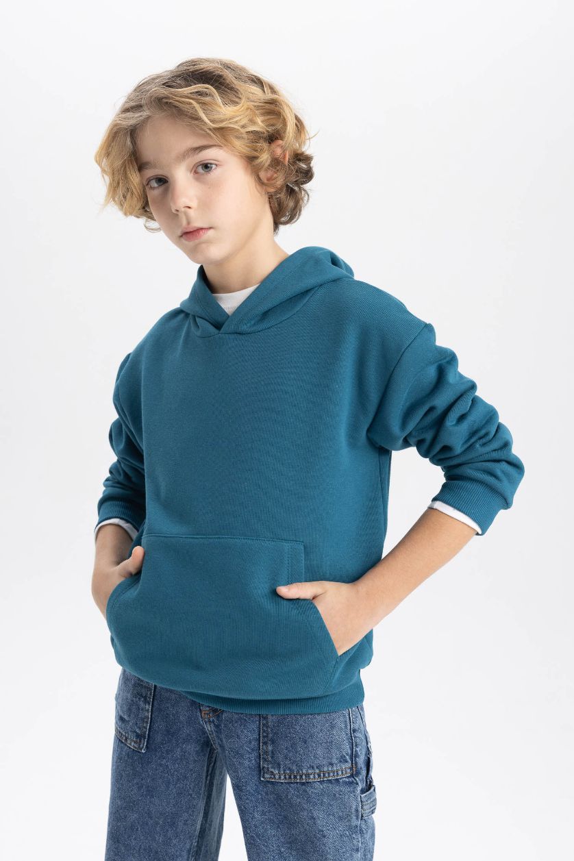 Erkek Çocuk - Genç Erkek Petrol Basic Düz Kapüşonlu Sweatshirt Erkek Çocuk