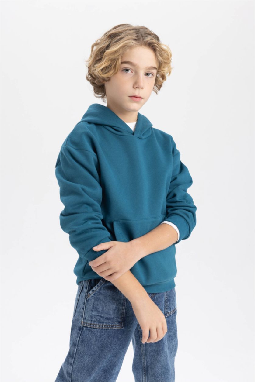 Erkek Çocuk - Genç Erkek Petrol Basic Düz Kapüşonlu Sweatshirt Erkek Çocuk
